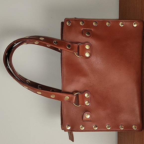 Hammitt Cognac Leather Brentwood Satchel Handbag with Gold Studs - Picture 2 of 16